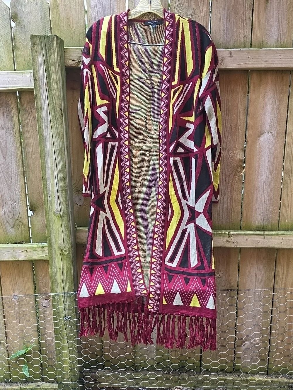 Boho Fringe Open-Front Cardigan Sweater in Burgundy, Yellow & Black